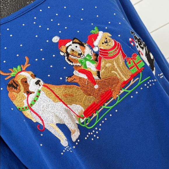 Quacker Factory Holiday Dog Sled Embroidered Rhinestone Top 1X Blue - Picture 8 of 17
